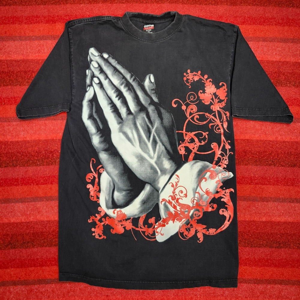 VTG Y2K Praying Hands Graphic Tee 2XL Faded Black Goth Grunge Streetwear Cyber